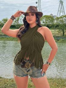 Flirla Plus Size Solid Color Criss-Cross Strap Tassels Boho, Hippie, Cowgirl, Old Money Style Camisole Tank Top - Army Green - View 5