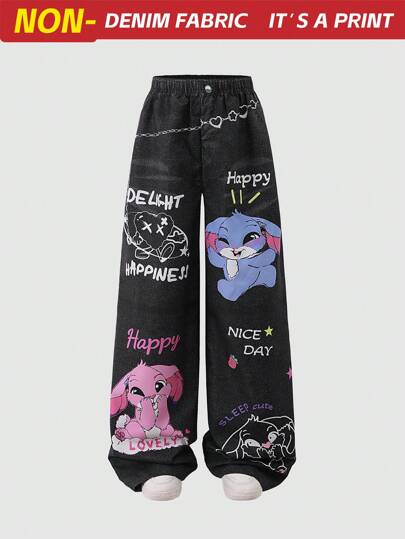 SHEIN Pantalones largos negros informales con estampado de dibujos animados para niñas adolescentes, atuendos universitarios y ropa deportiva para el regreso a clases 2025