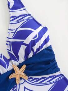 Swim Oasis Nuevo conjunto de baño de verano 2025 de 3 piezas para mujer, que incluye traje de baño de una pieza con estampado de posicionamiento, falda y falda larga de malla para vacaciones en la playa - Azul y blanco - Ver 8