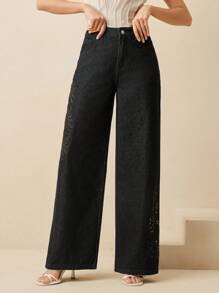 Anewsta 女士新款精致镂空刺绣情人节黑色直筒牛仔裤 - 黑色 - 查看 5