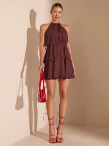 SHEIN BAE Summer Beach Vacation Solid Red Cascading Lotus Leaf Cake Chiffon Mini Dress, Suitable For Daily Dating, Night Out, Nightclubs, Parties, Get-Togethers, Cocktail Parties, Pool Parties, Back-To-School Season Clothes, School Season Dresses, Holiday Dresses, Tutu Skirts - Coffee Brown - View 4