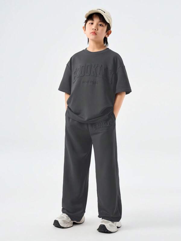 Coolane Kids Teenager Spring/Summer 2pcs/Set Boy Loose Dropped Shoulder Crew Neck Short Sleeve T-Shirt And Drawstring Waist Straight Long Pants Suit