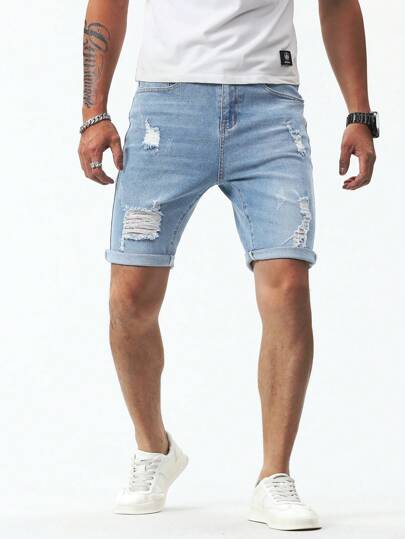 Manfinity Homme 男士休闲水洗做旧牛仔短裤