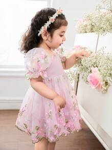 Babygirl Cute & Elegant Pink Floral Embroidery Mesh Short Sleeve Dress - Pink - View 6