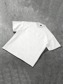 Manfinity Hypemode 男士白色夏季街頭風城市度假麂皮感面料寬鬆落肩極簡字母壓紋T恤，時尚百搭休閒上衣 - 白色 - 查看 6