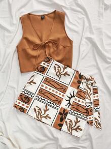 Travachic 2pcs/Set Women Solid Color Woven Cropped Sleeveless Tank Top & High Waist Printed Woven Mini Skirt,Fall Winter Clothes, New Year, Wedding Guest Outfits, Elegant Graduation,  Casual Outfits