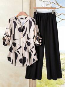 Rusticease 2件套女士撞色印花衬衫和裤子套装 - 彩色 - 查看 6