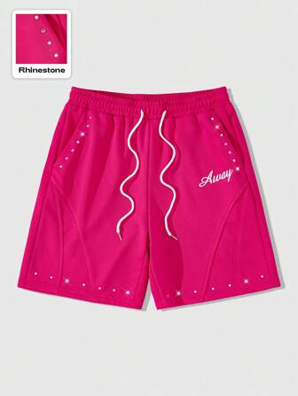 Street Life Pantaloncini larghi da uomo con vita con coulisse, stampa a lettera, patchwork tempestato di diamanti scintillanti