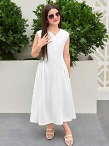SHEIN Tween Girls' Elegant Round Neck Sleeveless Waisted Mid-Length Dress - White - View 3