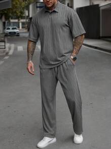 Manfinity Homme Men's Knit Textured Short Sleeve Polo Shirt And Pants Set Men Clothes Men T Shirt Co Ords Men 2 Pieces Sets Men Clothing Men T Shirt Co Ords Men 2 Pieces Outfit