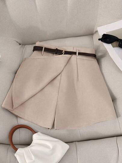 Franclia 大码女式素色优雅腰带装饰短裤，适合通勤、郊游、夏季、办公室、派对、休闲装