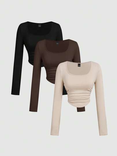 SHEIN MOD 3pcs Women Pleated Casual Sexy Square Neck Long Sleeve T-Shirt Set, Warm Clothes, Autumn, Going Out Night Out Tops, Holiday, Black Dark Brown Beige