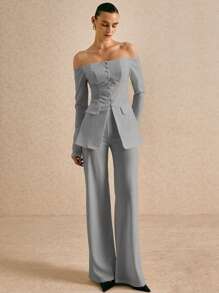 Poéselle 秋冬女士时尚露肩纽扣西装外套和裤子套装 - 灰色 - 查看 3