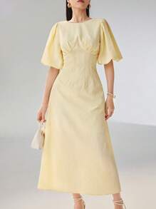 Heiryn Women Solid Color Round Neck Short Puff Sleeve Pleated Elegant Arabian Style Dress - Yellow - View 4