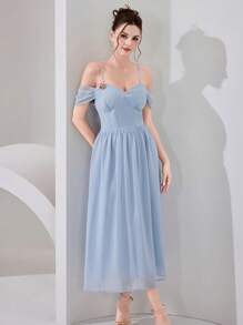 Poshira Damen Off-Shoulder Partykleid Einfarbig mit schlanker Taille im französischen Stil - Blau - Übersicht 4