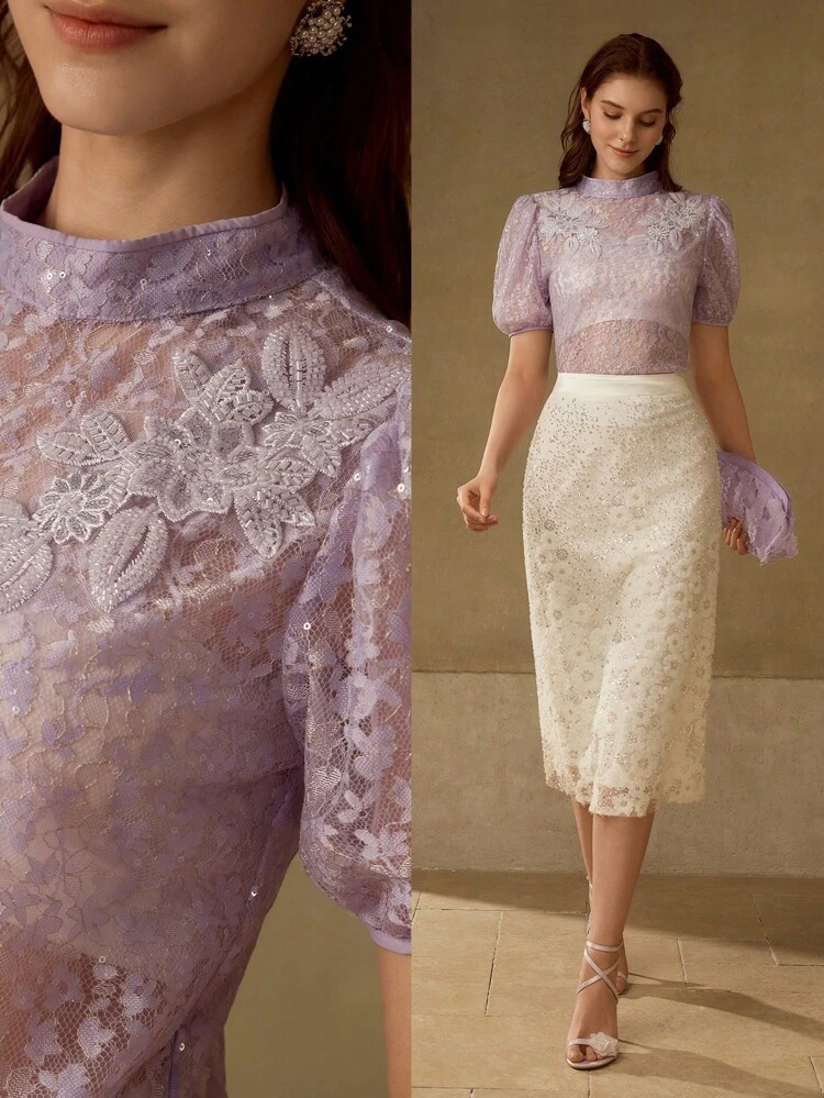 SHEER APPLIQUES PUFF SLEEVE BLOUSE