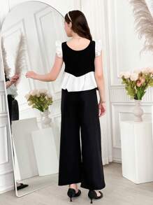 WESTFADE Young Set elegante da 2 pezzi per adolescenti e donne di taglia petite, composto da top con maniche a campana e fiocco, e pantaloni a gamba ampia, adatto per vacanze