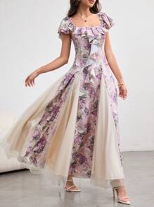 Modelyn 女式春夏花卉印花网眼拼接荷叶边腰喇叭长裙，优雅浪漫 - 彩色 - 查看 5