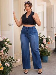 SHEIN Clasi Quần Jeans Denim Rộng Cỡ Lớn Cho Nữ - Rửa trung bình - Xem 4