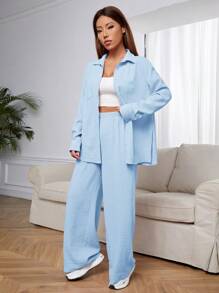SHEIN EZwear 天蓝色梭织女士休闲衬衫套装 - 藍色 - 查看 4