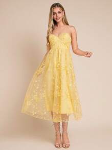 Amorya 女士优雅奶油黄色灯芯绒花卉刺绣露肩连衣裙（带胸罩杯） - 黃色 - 查看 5