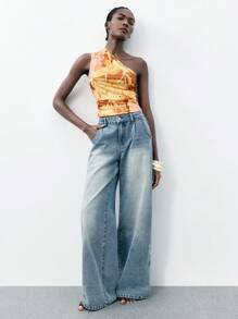 Maija Îmbrăcăminte de vară portocalie pentru femei, decolteu asimetric, imprimeu floral integral, croială moale cu volane, minimalist, elegant și confortabil pentru festivaluri de muzică, ținută casual de zi cu zi/birou, maiou scurt fără mâneci din plasă tricotată - Portocale - Vizualizare 6