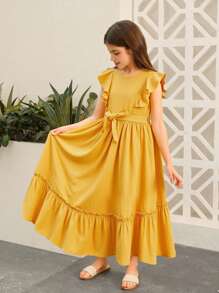 SHEIN Tween Girl Casual Holiday Ruffle Cap Sleeve Round Neck Splice Dress, Woven Fabric, Long Style - Yellow - View 9