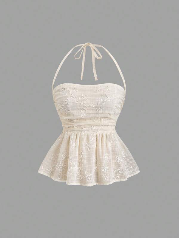 Sweetra Women's Apricot Cream White Woven Embroidery Ruched Strapless Tie-Up Tank Top With Ruffle Hem, Suitable For Spring, Summer, Autumn