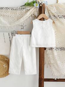 SHEIN 2pcs/Set Baby Girl Summer&Autumn Casual Style Outfit Sleeveless Flower Embroidery Top&Long Pants - White - View 2