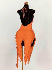 Amplova Deep V-Neck Ruffled Asymmetrical Hem Flounce Tied Bodycon Halter Dress Orange Dress Summer Dress Vacation Dress Orange Ruffle Dress,Party Dresses For Women - Burnt Orange - View 2