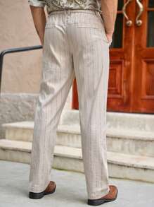 Mainfolk Men's Casual Woven Vertical Striped Mid-Waist Drawstring Straight Leg Pants - Khaki - View 2