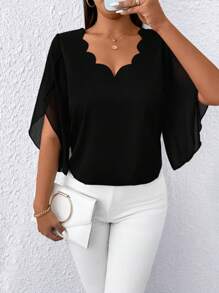 SHEIN Unity Women's Casual Tie-Dye Wave Collar Blouse, Flattering And Versatile - Black - View 1