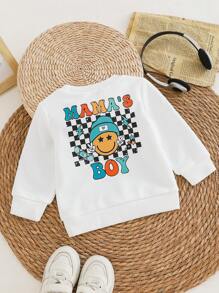 SHEIN Playful Pals 男婴白色休闲笑脸图案字母印花长袖针织衫，适合春秋季节，适合日常和户外穿着