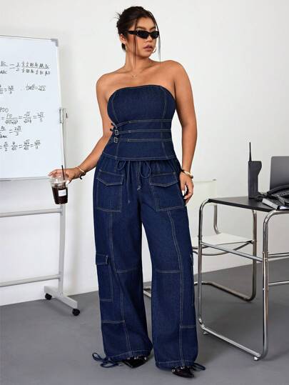 SHEIN EZwear 大码女式街头风格松紧腰休闲牛仔上衣