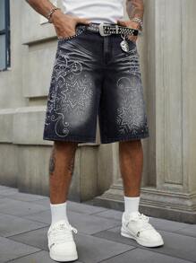 ROMWE MEN Street Life 闪亮钻石装饰宽松男士牛仔短裤 - 黑色 - 查看 4