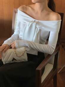 DAZY 法式露肩白色长袖T恤女款，露肩系带设计优雅衬衫 - 白色 - 查看 7