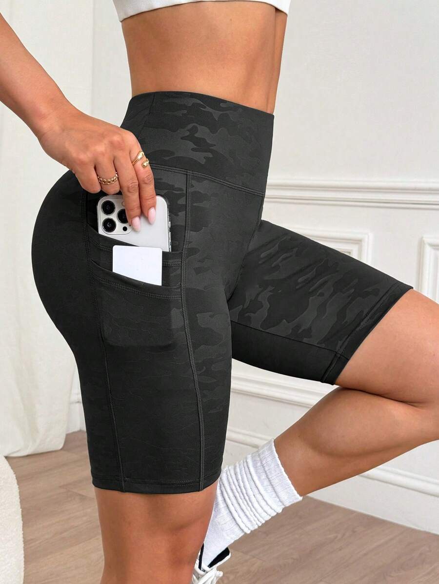 Easithlete Summer Camo Print Double Pocket Splice Sports Shorts Workout Short - Black - View 1