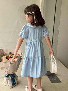 SHEIN 少女韩版双色领泡泡袖连衣裙 - 藍白色 - 查看 5