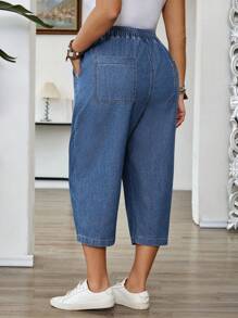 EMERY ROSE Plus Size Women's Waist Tie Pocketed Loose Casual Denim Capri Pants