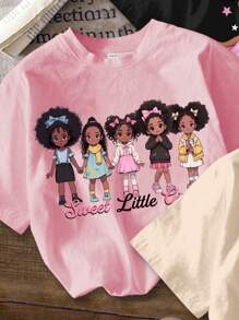 SHEIN Leap Crew 3pcs/Set Cute Cartoon Young Girl Graphic Basic Round Neck Short Sleeve T-Shirt, Casual, Suitable For Spring & Summer - Multicolor - View 5