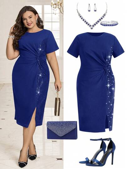 Ellevyn Große Größen Damen Rundhals Kurzarm Pailletten Patchwork Twist Taille Kleid