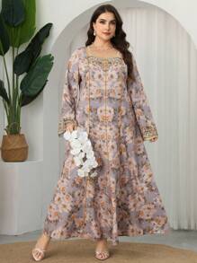 Al Najma Plus Size Women Floral Print Long Sleeve Loose Arabian Dress Kaftan Jalabiya Dress - Multicolor - View 4