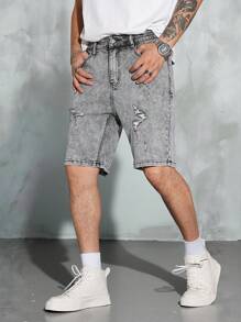 Manfinity EMRG Men's Light Grey Ripped Denim Shorts Avant-Garde Hip-Hop Streetwear Style Zipper Detail Short Length For A Summer Look - Light Grey - View 3