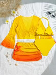 4pcs Tween Girls Floral Print Halter Bikini Set Set With Long Sleeve Top And Ruffle Skirt - Yellow - View 4
