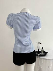 Elamini Áo sơ mi cổ tròn thêu sọc màu tương phản dành cho nữ, Xuân/Hè - Nhiều màu - Xem 2