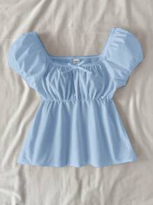 SHEIN Teen Girl Blue Square Neck A-Line Ruffle Trim Blouse, Cute & Sweet Style, Cropped Shirt Suitable For Preppy, Sweet, Casual Daily Wear Babydoll Top Girls Babydoll Top Baby Doll Top For Tweens Summer Babydoll Tops Tween Girl Summer Tops