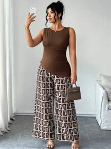SHEIN Clasi Set da 2 pezzi, maglia in maglia morbida tinta unita con collo a giro e pantaloni casual a gamba ampia con stampa, ideale per taglia forte, per uscite e spostamenti quotidiani - Multicolore - Visualizzare 4