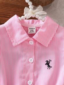 SHEIN 2PCS Baby Girls Korean Summer Casual Cute Collared Embroidered Stripe Shirt & Stripe Skirt Outfit 2 Year Old Girl Clothes - Pink - View 6