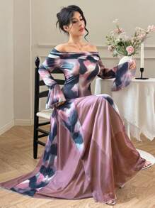Modelyn Women's Long Off Shoulder Flare Mesh Romantic Tie Dye Design Korean Style Elastic Elegant Flare Sleeve Maxi Dress - Multicolor - View 6