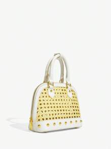 SHEIN SXY Ladies, Women Top Handle Bags, Rattan Hollow, Splicing PU, Rivets, Fashionable, Elegant, Simple, Personalized, Versatile, For Commute, Office, Date, Daily, Shopping, Afternoon Tea - Multicolor - View 3